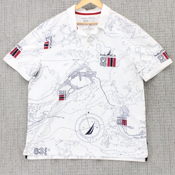 Nautica Navtech Polo Shirt Mens 2XL White Maps All Over Print Exclusive Print - Picture 1 of 9